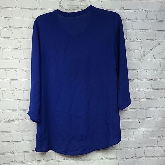EXPRESS Zip Front Royal Blue Silky Top Chiffon Popover Dressy Blouse 3/4 Sleeves - Picture 8 of 10